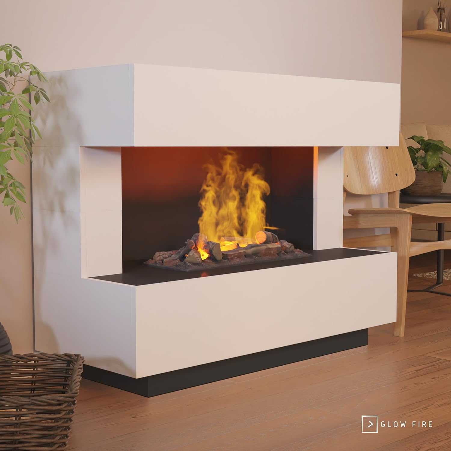 GLOW FIRE Wasserdampf Kamin Kant (Standkamin) - Elektrokamin mit realistischen LED 3D-Flammen, Knistereffekt & Fernbedienung, 120x93x50 cm - Opti-Myst 600 Elektro Kamin mit Holz-Deko, Weiß