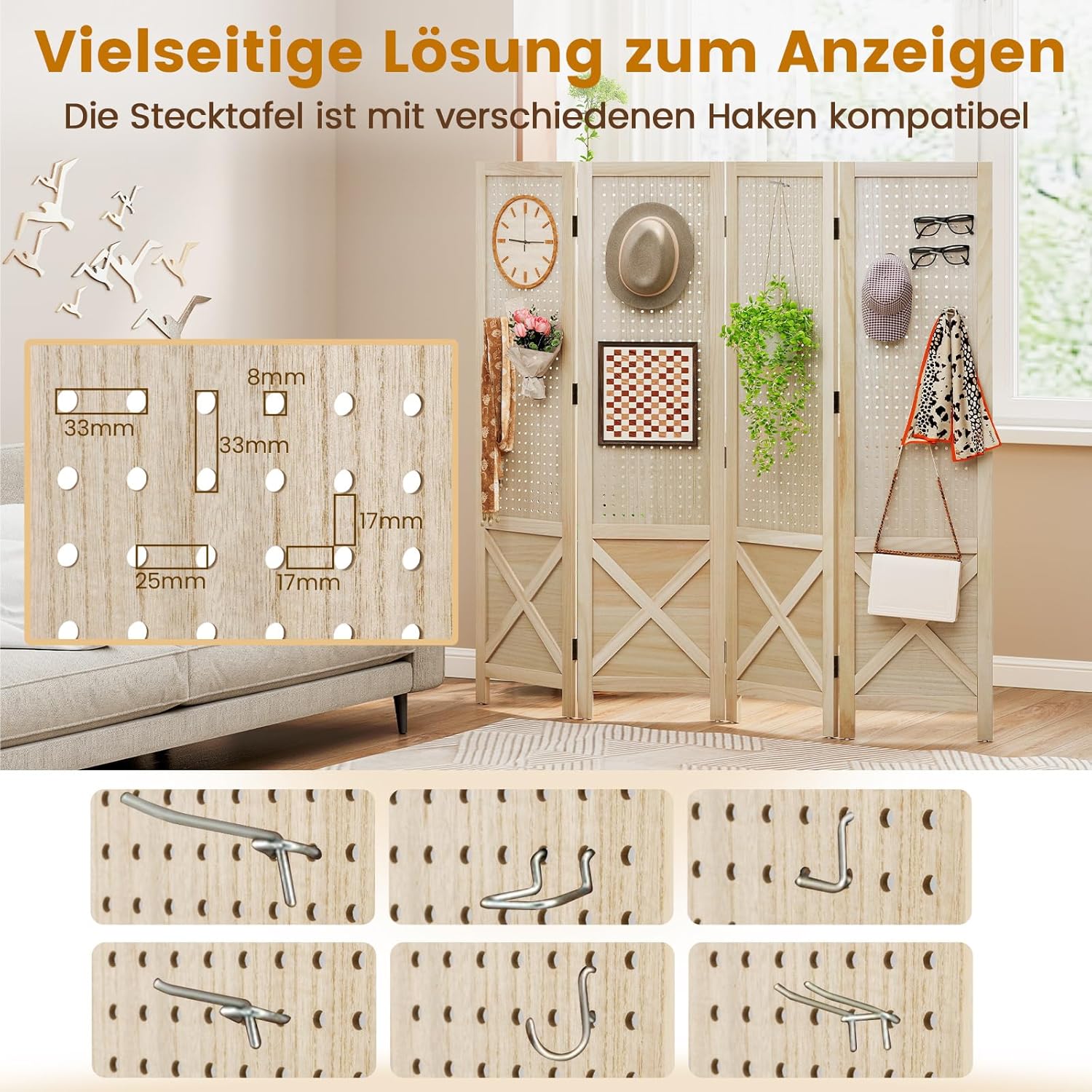 COSTWAY Paravent mit Stecktafel, 153,5 x 144 cm, Raumteiler klappbar, 4 teilige Trennwand Holzrahmen, Sichtschutz Innen Outdoor, dekorativ, Natur