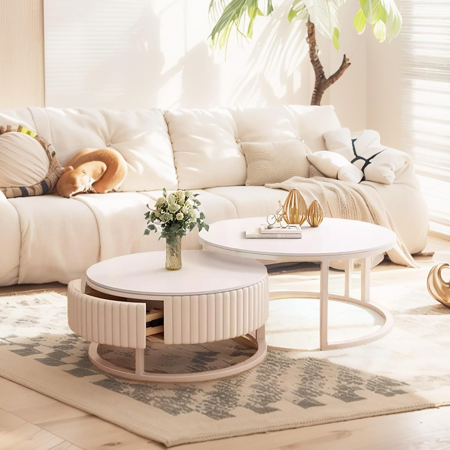 2 weiße Couchtische, ausziehbar, rund, mit Aufbewahrung, Marmor und robuster Metallrahmen, modern und ausziehbar, für Wohnzimmer und Büro