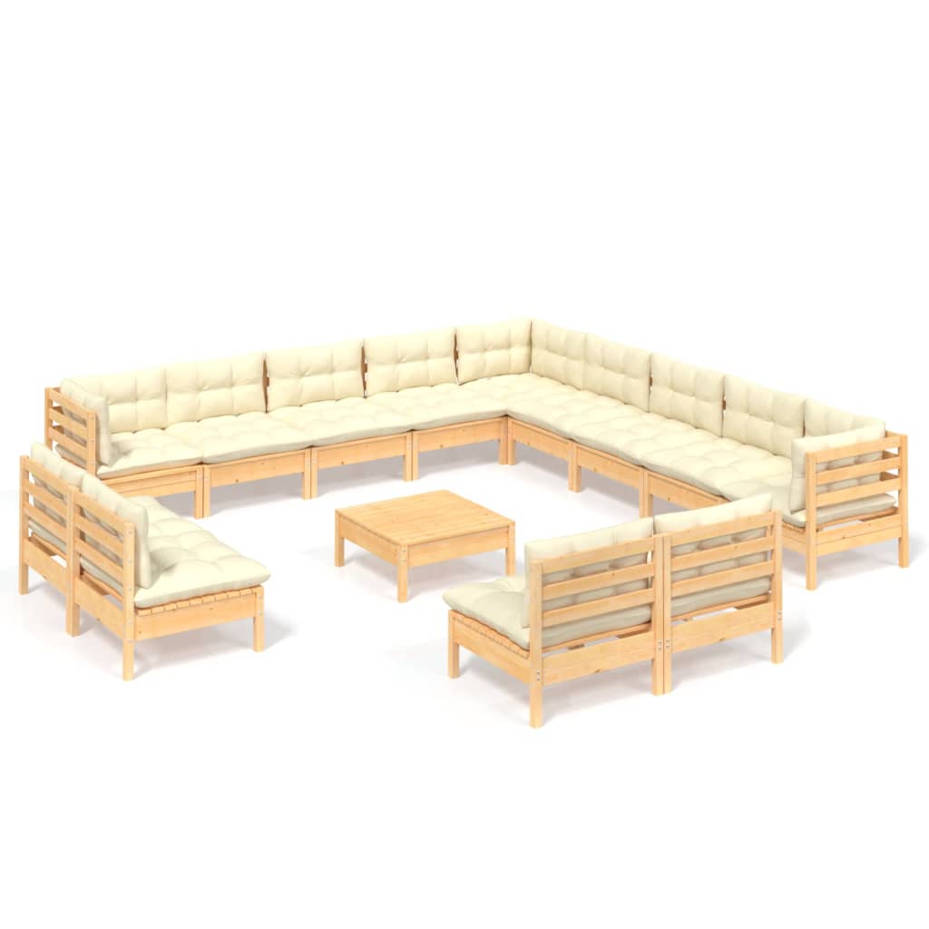 Salon de jardin meuble d'extérieur ensemble de mobilier 14 pièces avec coussins crème bois de pin solide
