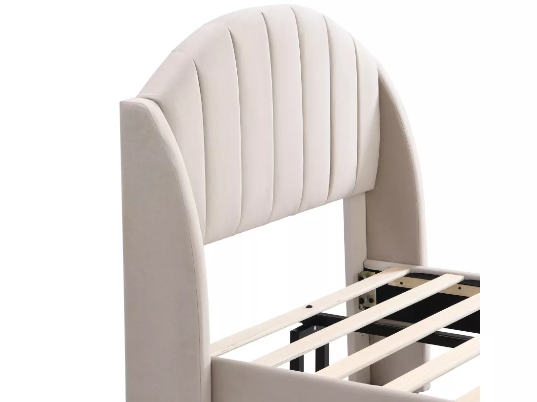 Lit rembourré 90x200cm en velours avec sommier à lattes - Beige