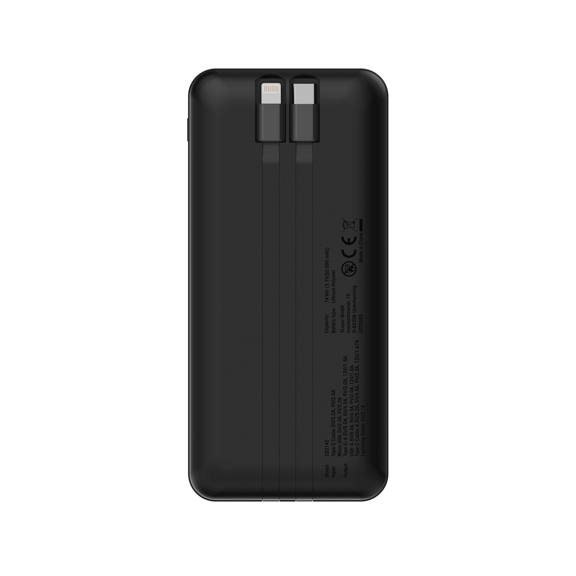 Xlayer Powerbank PD 20W 20.000 mAh integrierte Kabel USB-C und Lightning