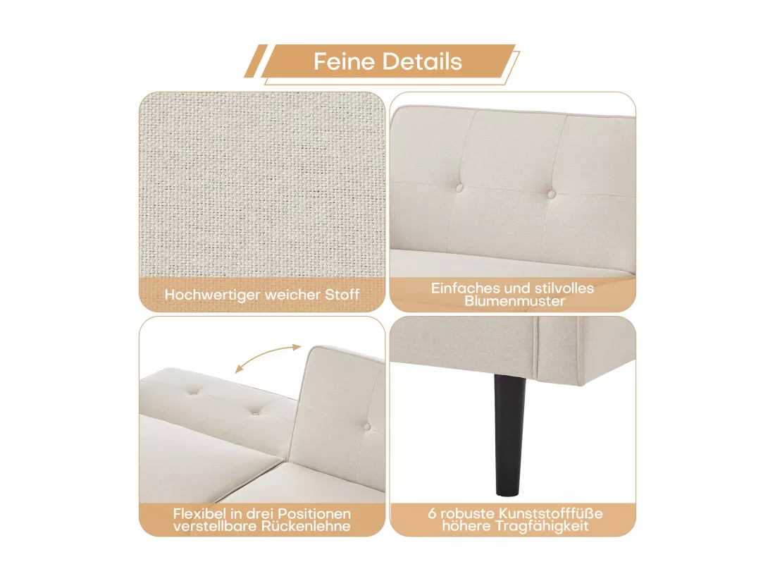 Canapé 2 places avec dossiers réglables - 176 x 76 x 74 cm - Tissu coton-lin et pièds en métal - Beige