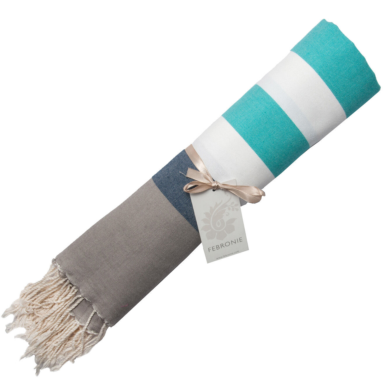 Febronie Fouta Arcachon blanc/taupe clair/turquoise/bleu jean - 100x200 cm
