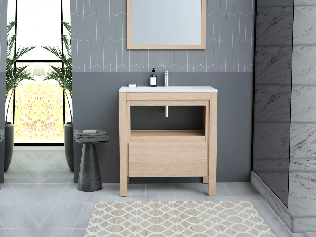 Meuble sous vasque avec niche de rangement - Placage chêne - 80 cm - COSMOTI