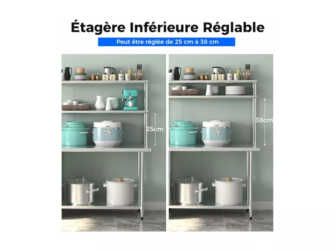 Table de Travail Cuisine 61 x 122 x171 cm avec Étagère Supplémentaire à 2 Niveaux, Acier INOX, Plateau Inférieure Réglable, Charge 617 kg, pour Cuisine, Restaurant, Hôtel