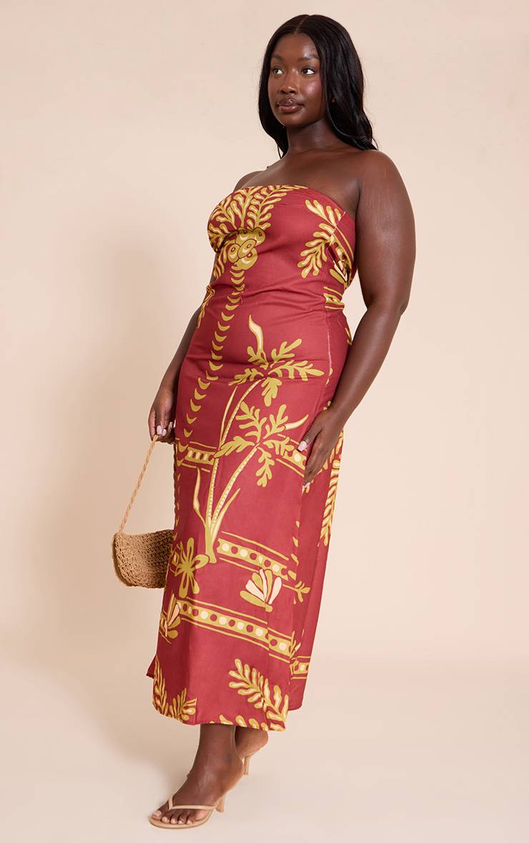 Chocolat Robe Longue Bandeau Grande Taille En Tissu Tissé Imprimé Palmiers