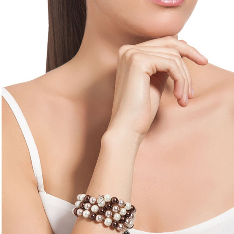 Bracelet 3 Rangs en Perles Marron et Plaqué Rhodium