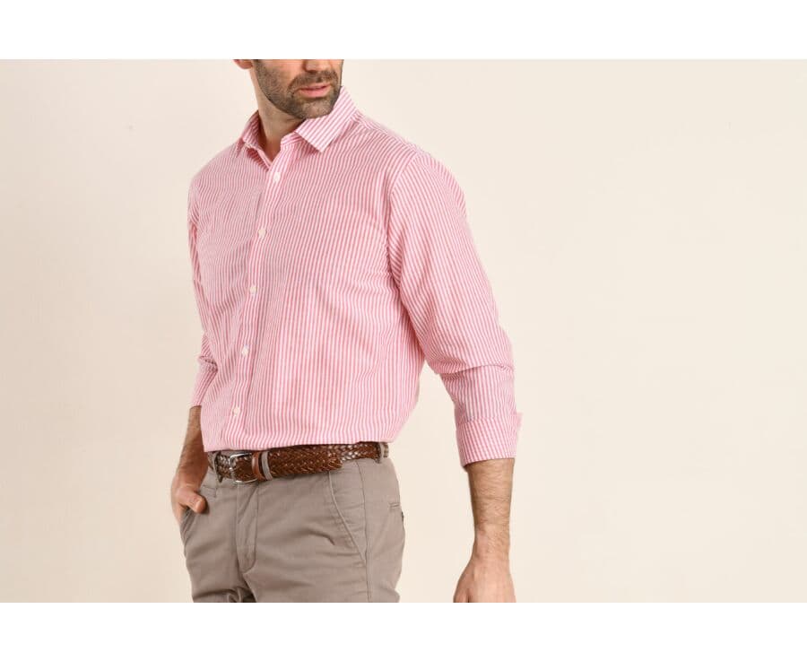 Chemise coton et lin rayures corail et blanches - EDIBERT
