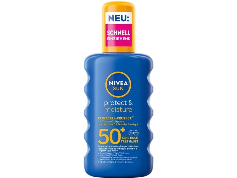 NIVEA SUN Sonnenspray Protect & Moisture LSF 50  200 ml Sofortiger UV-Schutz und 48h Feuchtigkeit mit CITRACELL-PROTECT(TM) Technologie, die vor kurz- und langfristigen UV-Schäden schützt