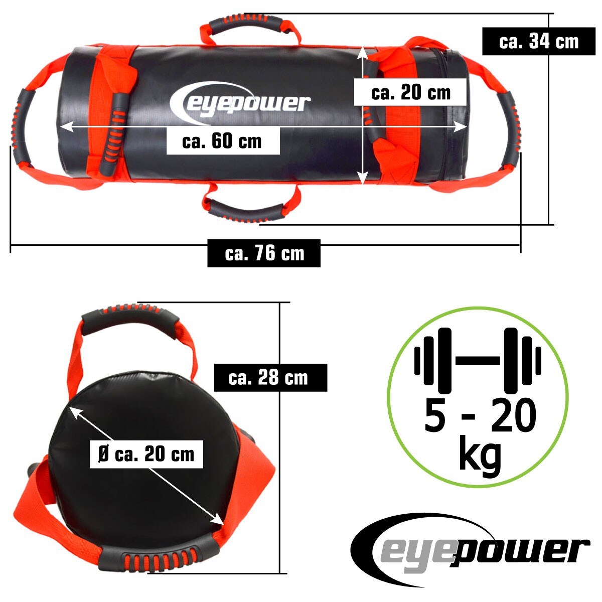 20kg Profi Power Bag mit 4 Wasserdichten Kettlebell Gewichten 6 Griffe Sandbag
