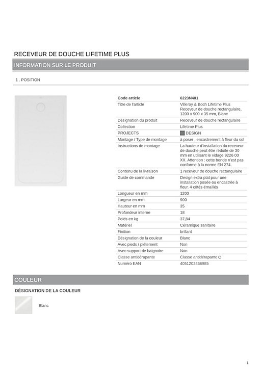 Receveur de douche 90 x 120 cm en céramique, blanc, Villeroy & Boch Slim