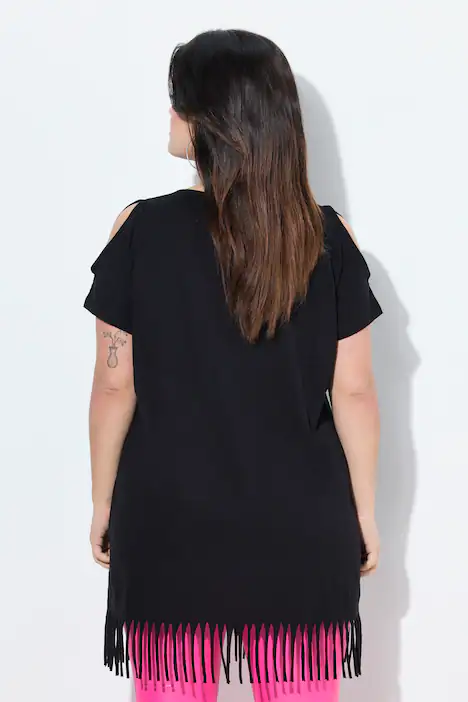 Longshirt, A-Linie, Graffitti-Motiv, Fransen-Zipfelsaum, schwarz