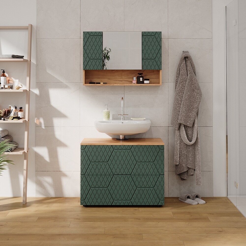 Vicco Badmöbel-Set Irma Eiche Grün 2-teilig Spiegelschrank Waschbeckenschrank 80 cm