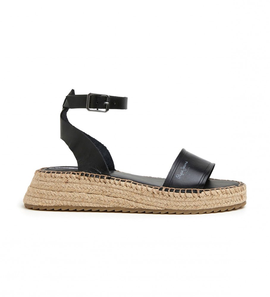 Sandálias Pepe Jeans Kate em couro preto com detalhes em relevo.