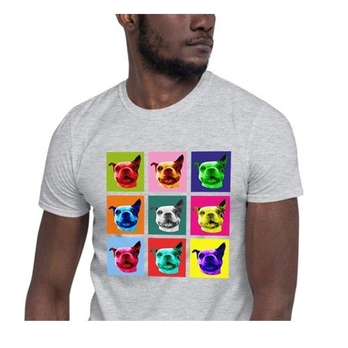 Camiseta masculina Mascochula, estilo Warhol, personalizada com a foto do seu animal de estimação cinza.