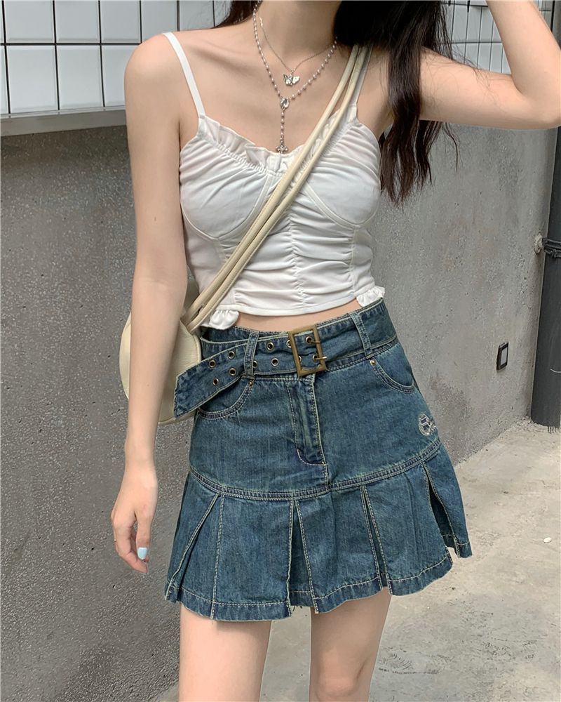 Alfie - Geplooide denim rok met hoge taille