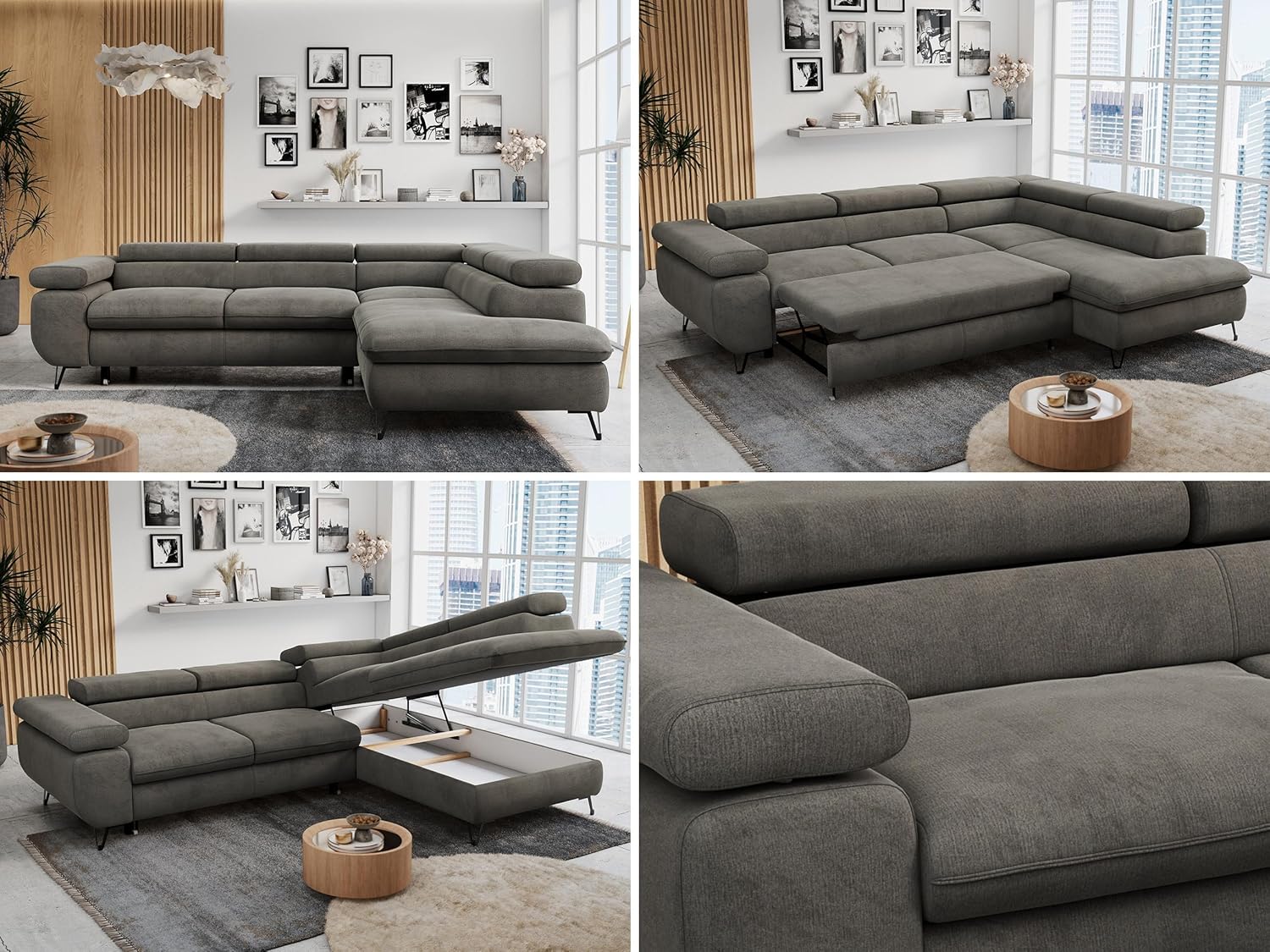 MKS MEBLE Ecksofa Wohnlandschaft L-Form mit Schlaffunktion und Bettkasten, Schlafsofa mit Bettkasten, Sofa mit Einstellbare Kopfstützen, Peter L - Velvet - Rechts Dunkelgrau