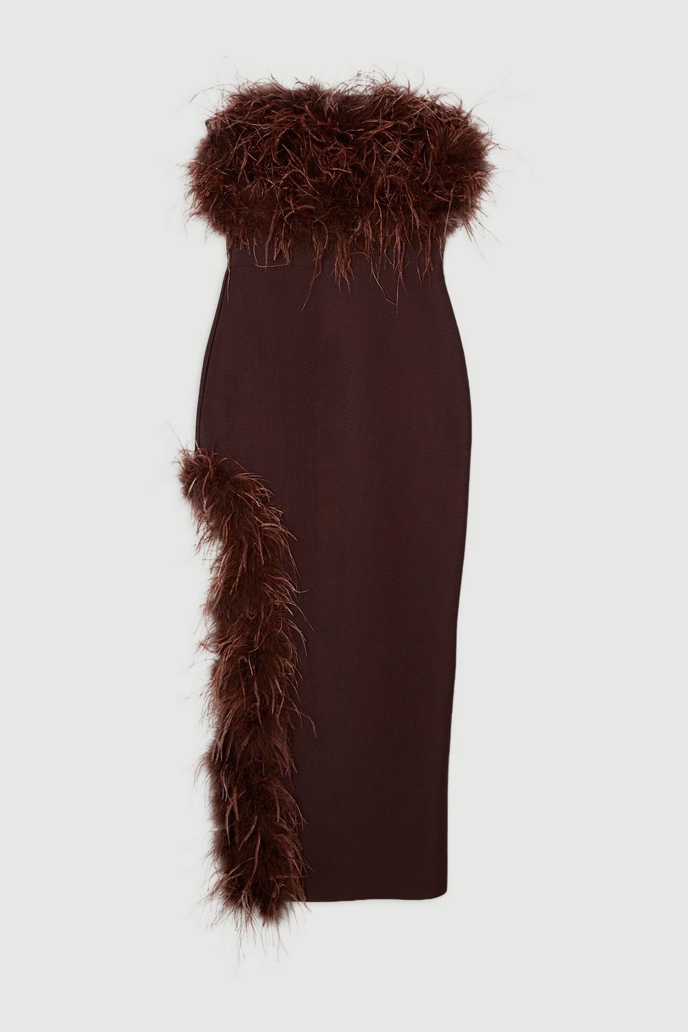 KarenMillen Robe Midi Moulante Bandeau en Maille Bandage avec Détails de Plumes