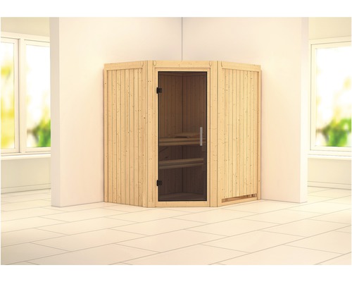 Karibu Maurin modulaire sauna zonder oven en dakrand, met grafietkleurige volledig glazen deur