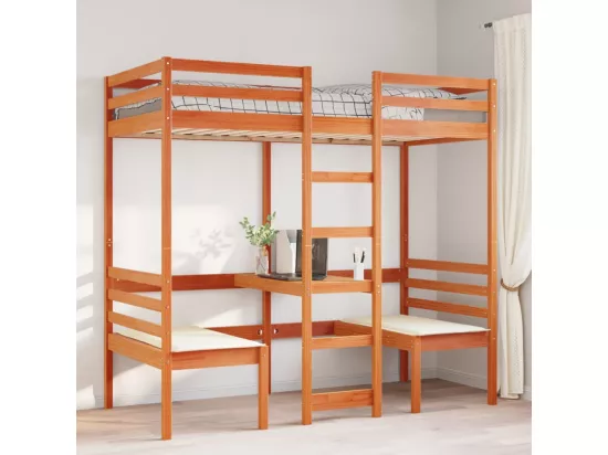 Lit mezzanine avec bureau et chaises brun cire 90x190 cm pin