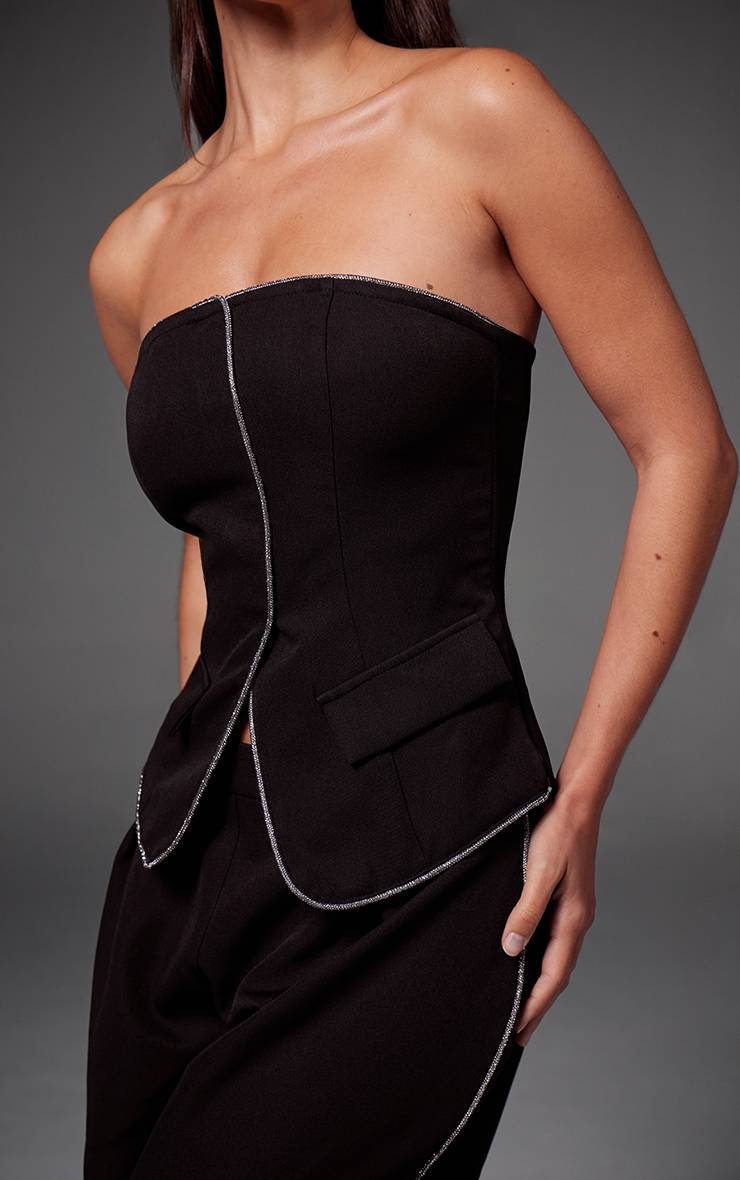 Noir Pantalon Large Plissé Tailleur Tissé Avec Ornements De Strass Coordonné