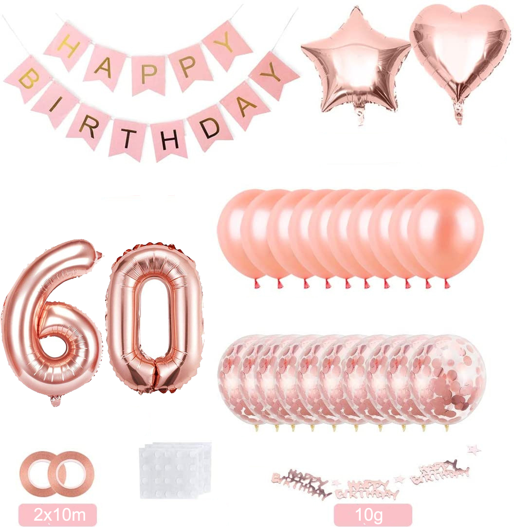 (73-tlg. Set) Happy Birthday Girlande 60. Geburtstag Party Deko   Latex- und Folienballons / Konfetti - Roségold