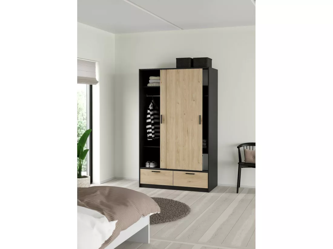Garde-robe 2 portes Dschoute, Meubles de chambre, Penderie de plain-pied, Placard à vêtements, 121x60 h200 cm, Noir et Chêne
