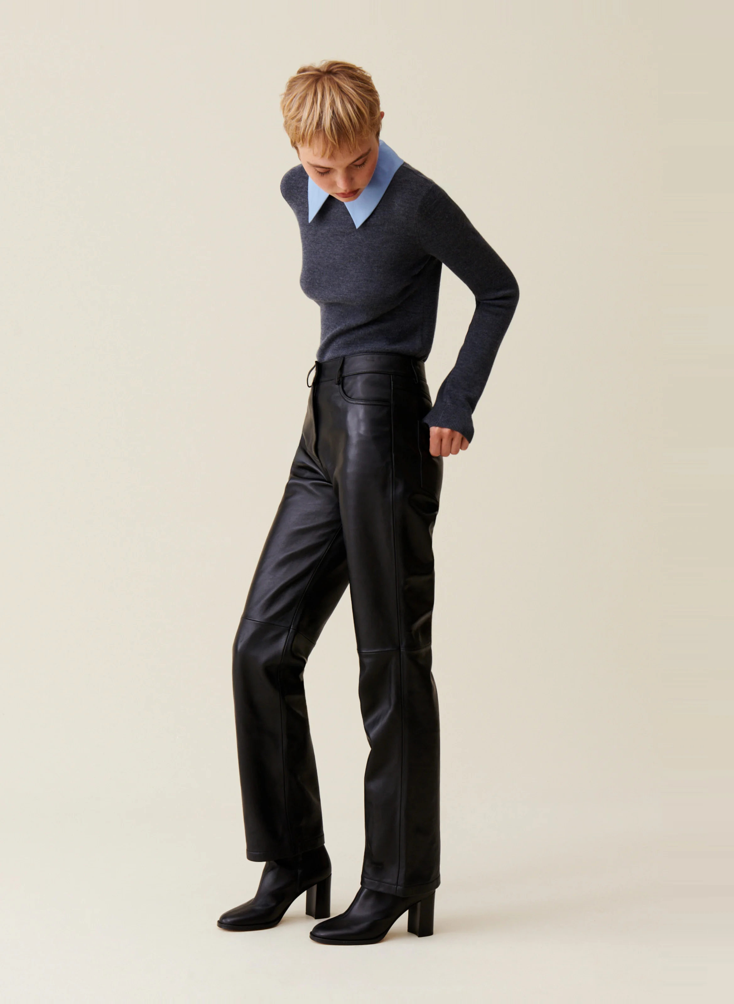 Pantalon droit en cuir | Noir