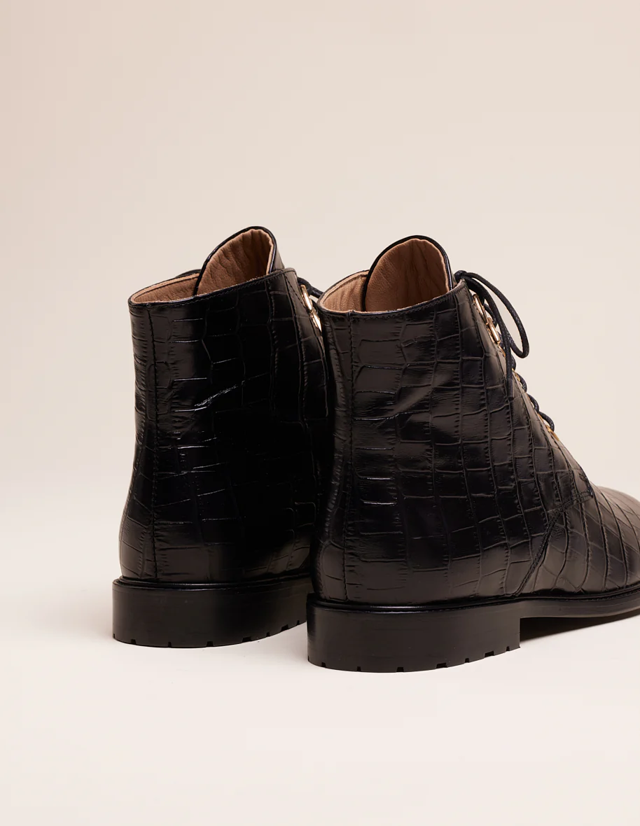 Bottines à lacets Laurène - Cuir croco noir