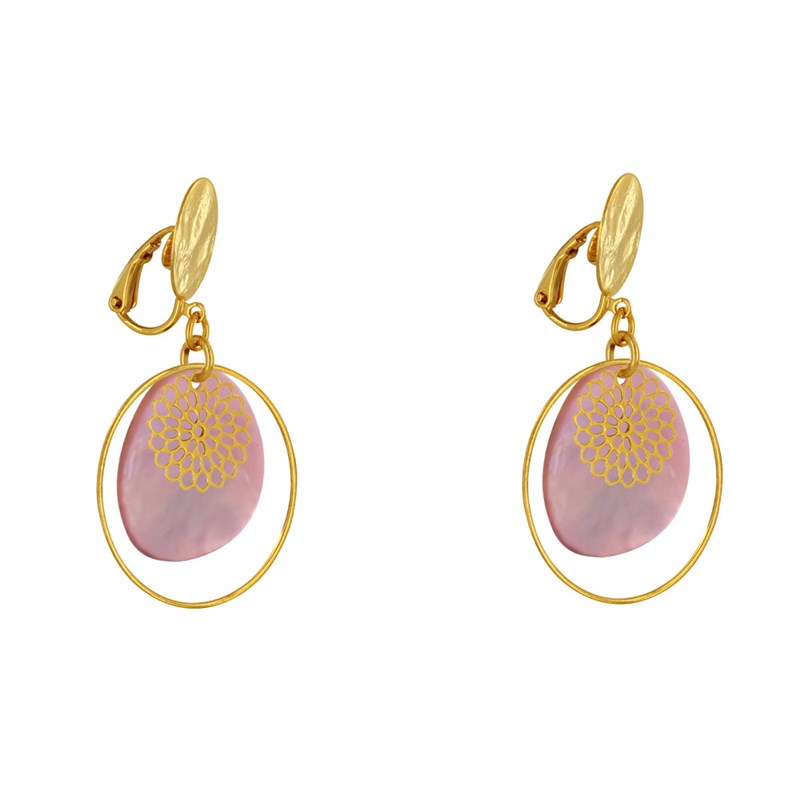 Boucles d'Oreilles Clip Métal Doré Cercle et Pastille de Nacre
