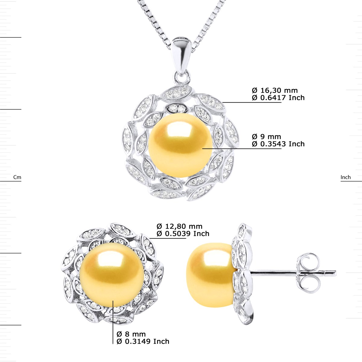 Parure Collier & Boucles d'Oreilles FLEUR Perles d'Eau Douce Dorées 9-10 mm Argent 925
