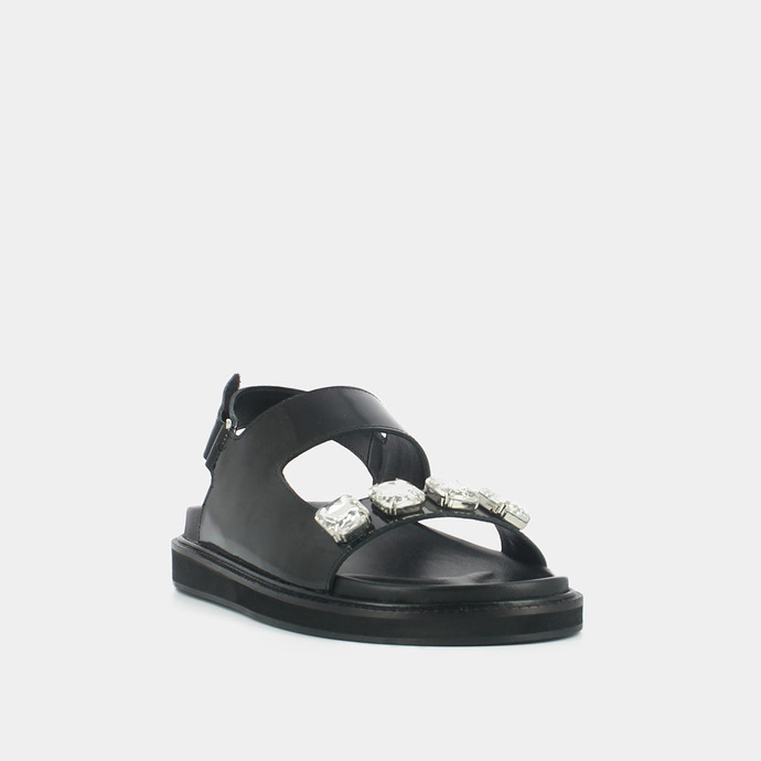Sandales ouvertes et strass  en cuir glacé noir