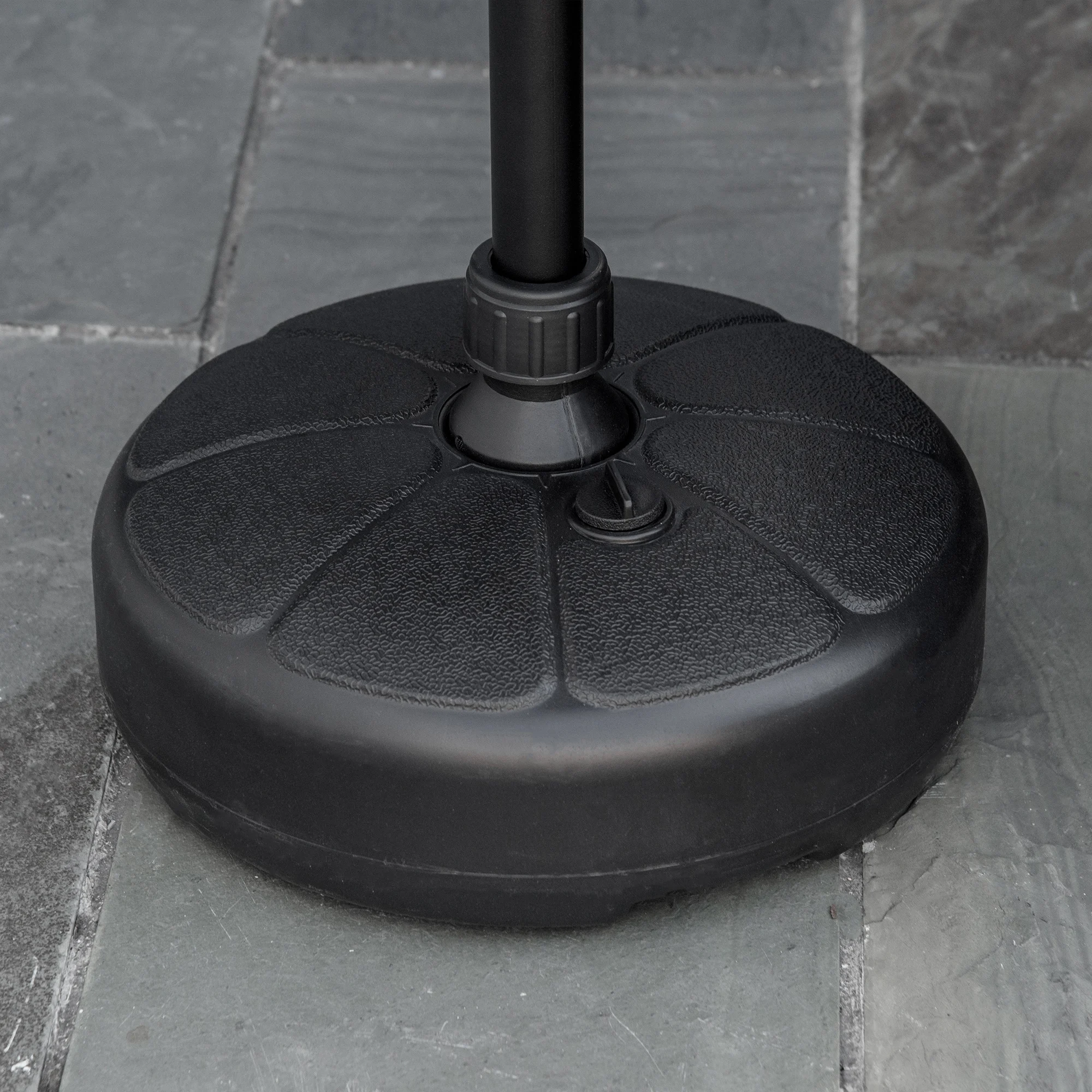 Base para guarda-sol Outsunny, preenchível com água (13 kg) ou areia (19 kg), redonda, adequada para mastros de Ø32-38 mm, para jardim, pátio e terraço, Ø38x21,5 cm, preta.