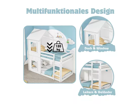 Lits superposés enfant 2 x 90 x 200 cm - avec échelle et garde-corps - charge max 120kg - Pin - Blanc