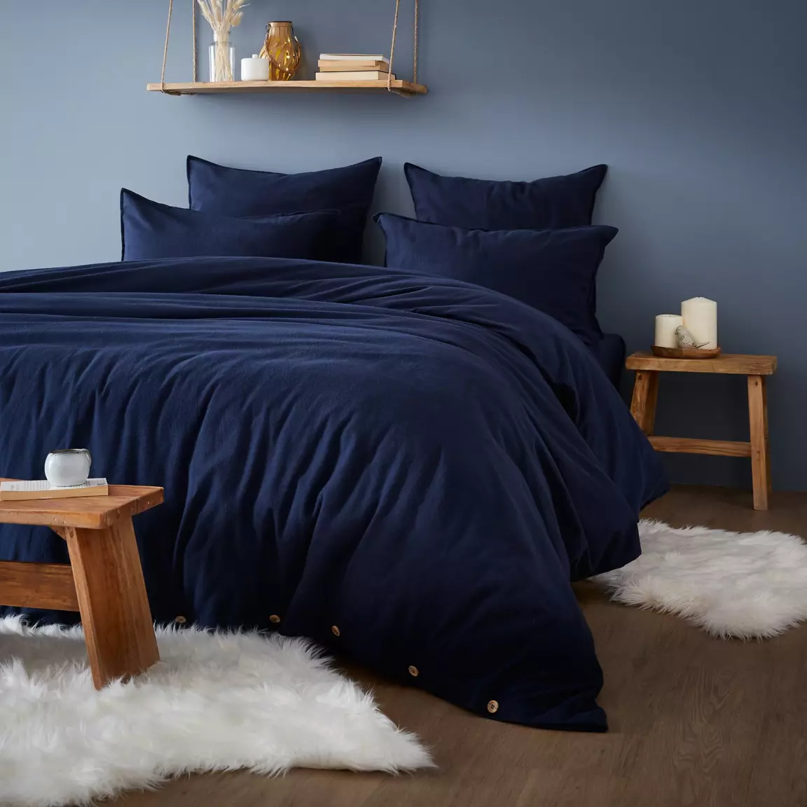 Housse de couette flanelle de coton (200 x 200 cm) Théa Bleu nuit