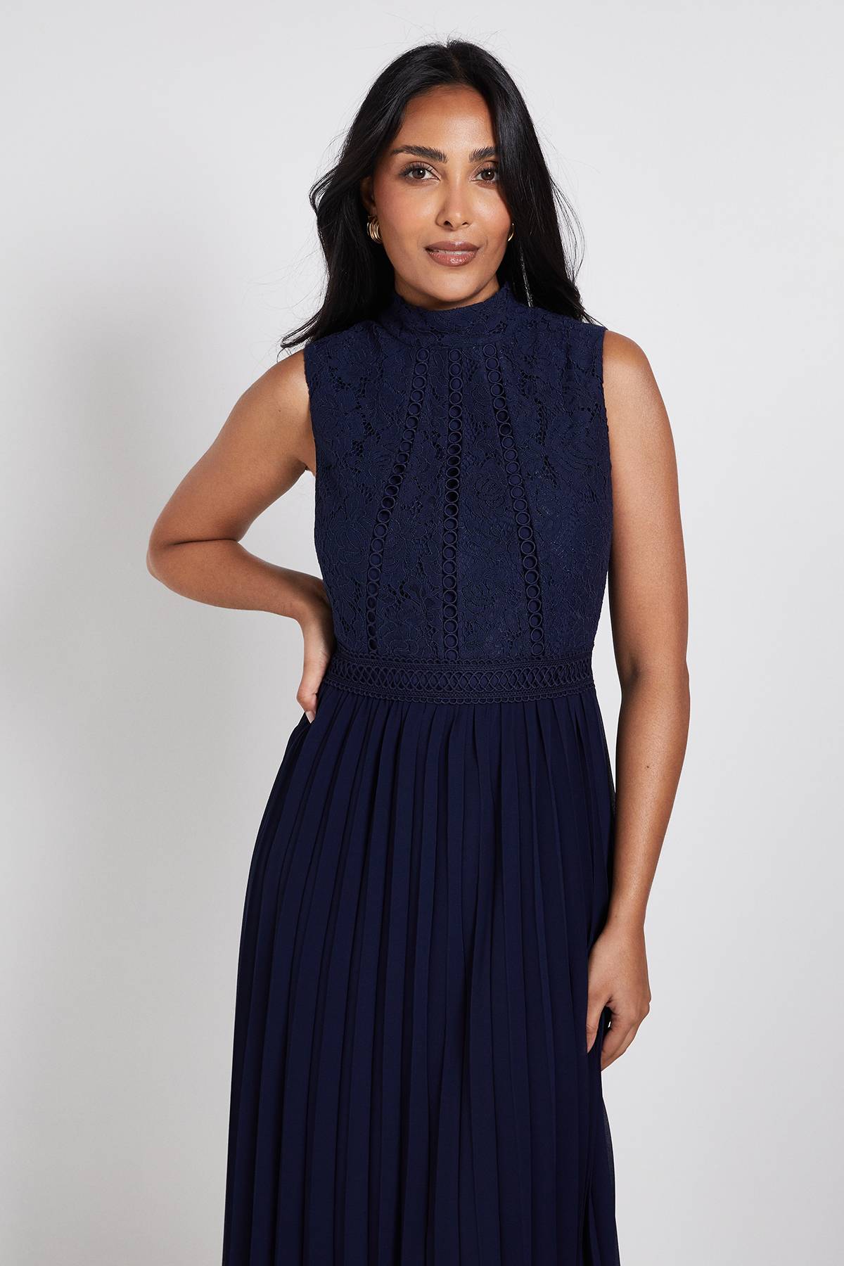 Wallis Robe Midi Plissée À Insert Dentelle Petite