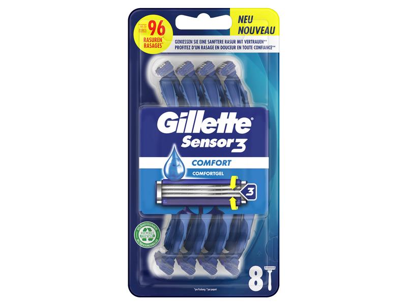 Gillette Einwegrasierer Sensor3 Comfort 8 Stück Rasierer für Männer mit Gleitstreifen