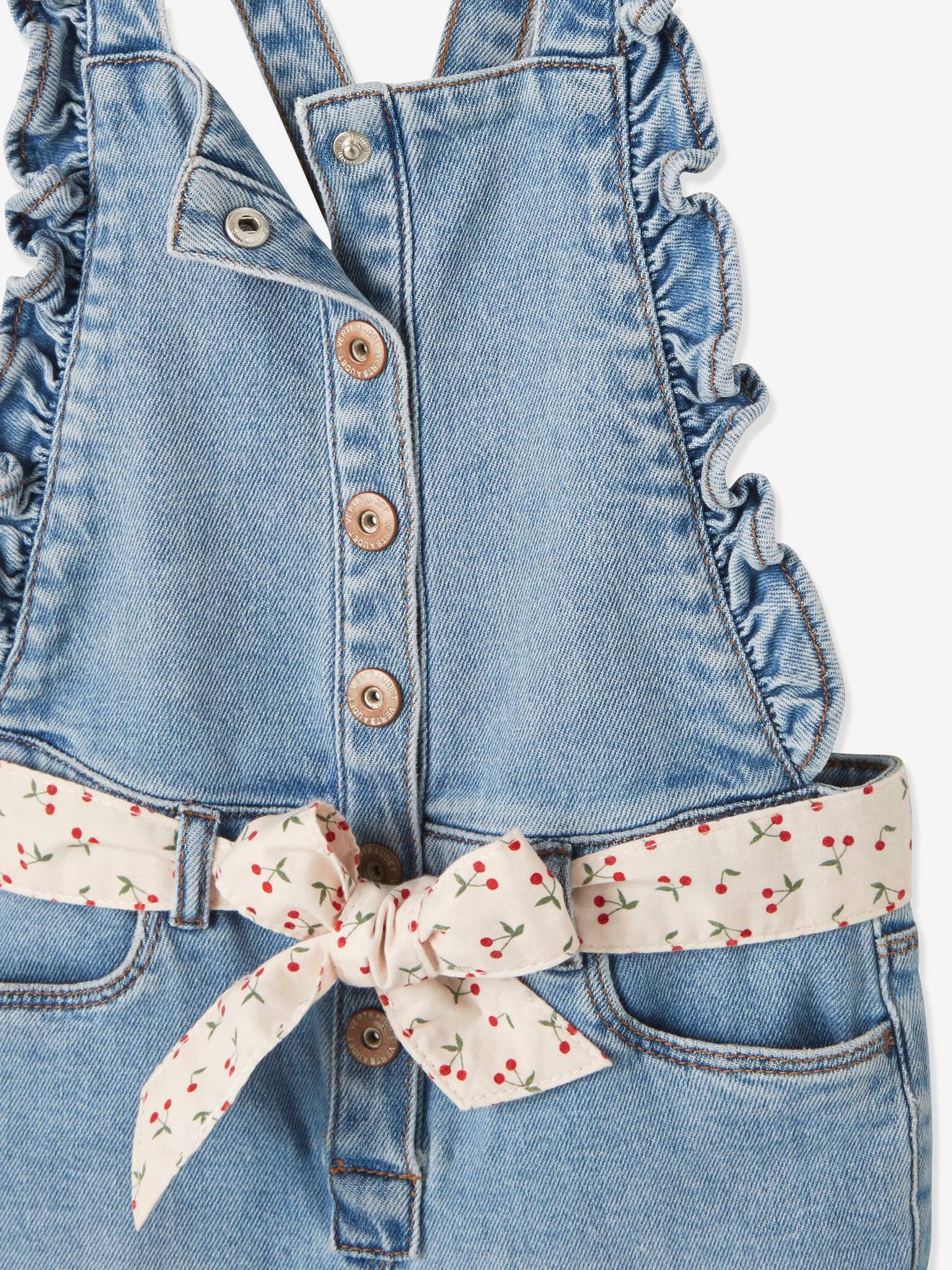 Jardineira jeans com suspensórios franzidos, para meninas, lavagem azul clara