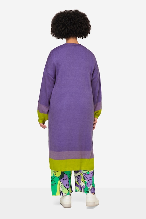 Long-Strickjacke, offene Form, farbige Abschlüsse, Ballonärmel