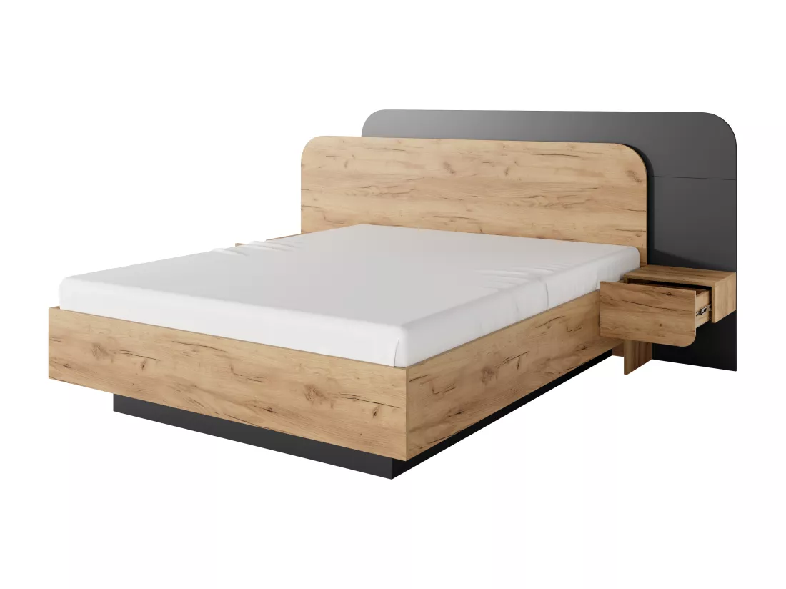 Lit avec chevets 160 x 200 cm - Avec LEDs - Coloris : Naturel et anthracite + Sommier + Matelas - DESADO