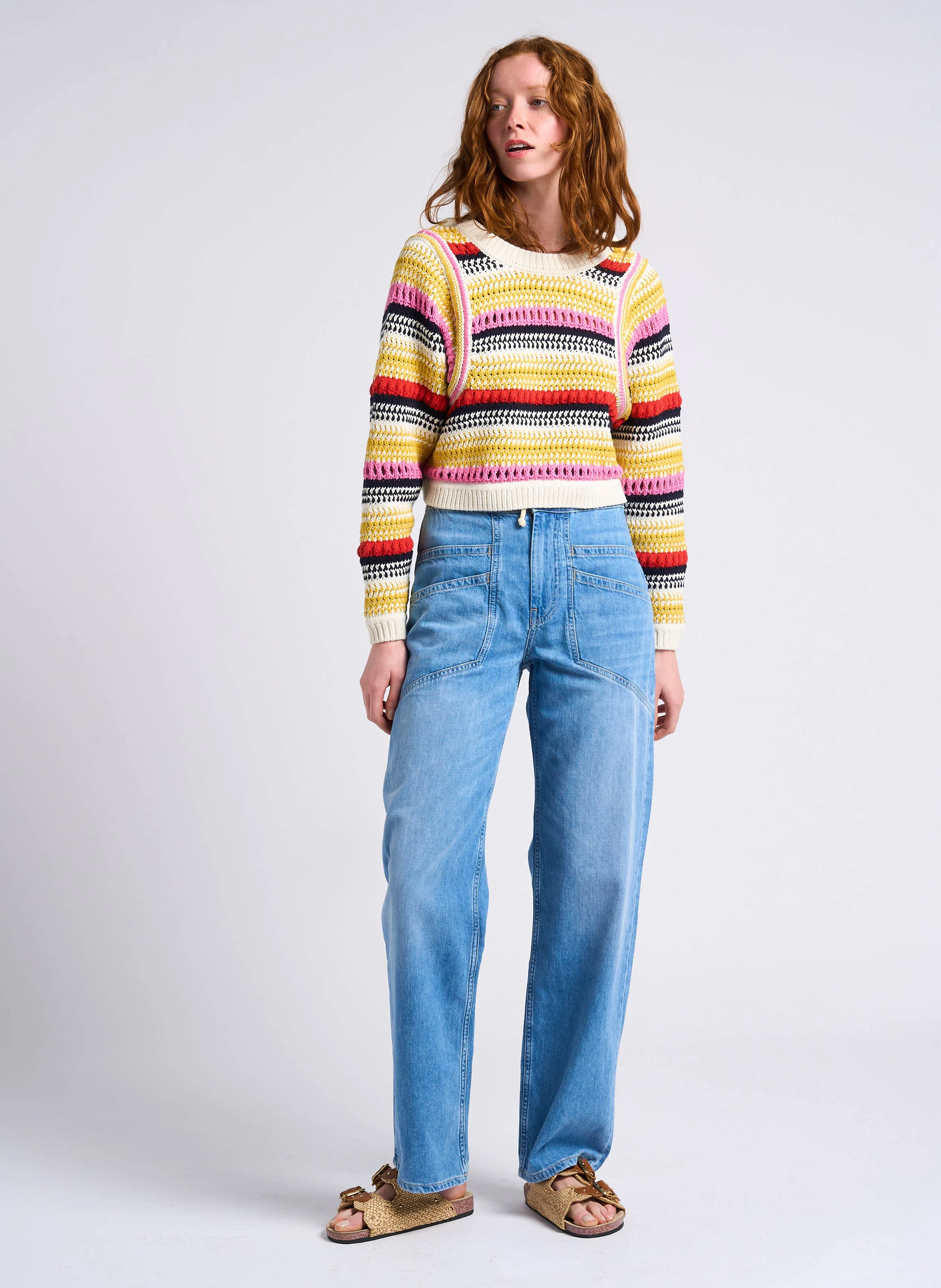 MIMA - Pantalon large taille haute en coton | Bleu