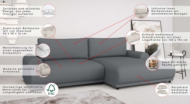 Home affaire Ecksofa »Marsby, mit Bettfunktion und Bettkasten, Masse: B/H/T 242/65/145 cm« L-Form mit Wellenunterfederung, Recamiere links oder rechts bestellbar