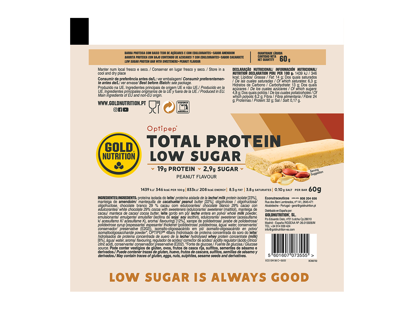 BARRA GOLDNUTRITION LOW SUGAR AMENDOIM CROCANTE 60G