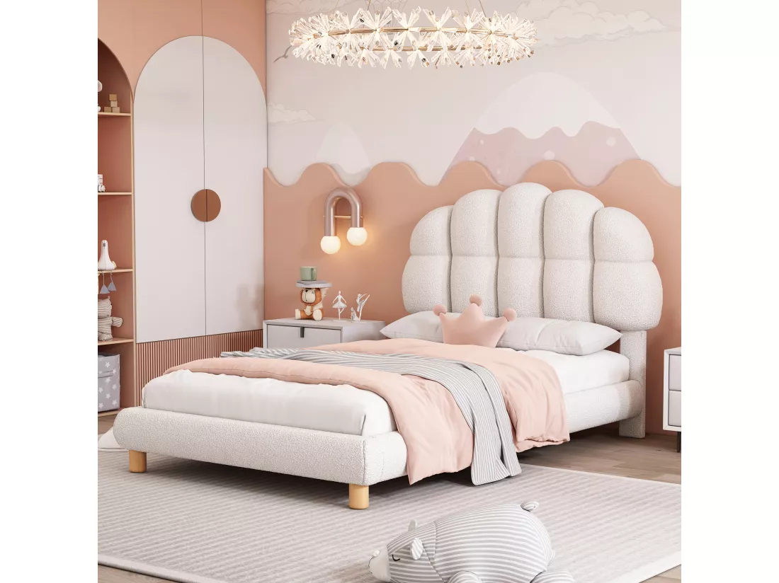 Lit simple 90 x 200 cm avec tête de lit en motif carré, Sommier à lattes en bois, Velours, Blanc