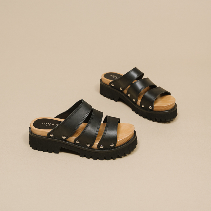 Mules à brides et à plateformes  en cuir noir