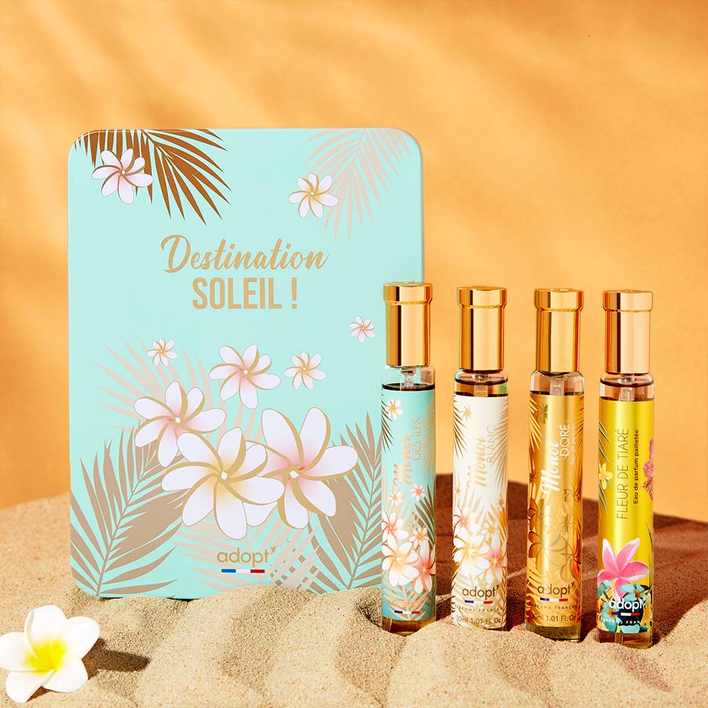 Destination soleil Coffret 4 eaux de parfum Monoi des Îles 30 ml, Monoï Blanc 30 ml, Monoï Doré 30 ml, Fleur de Tiaré pailletée 30 ml
