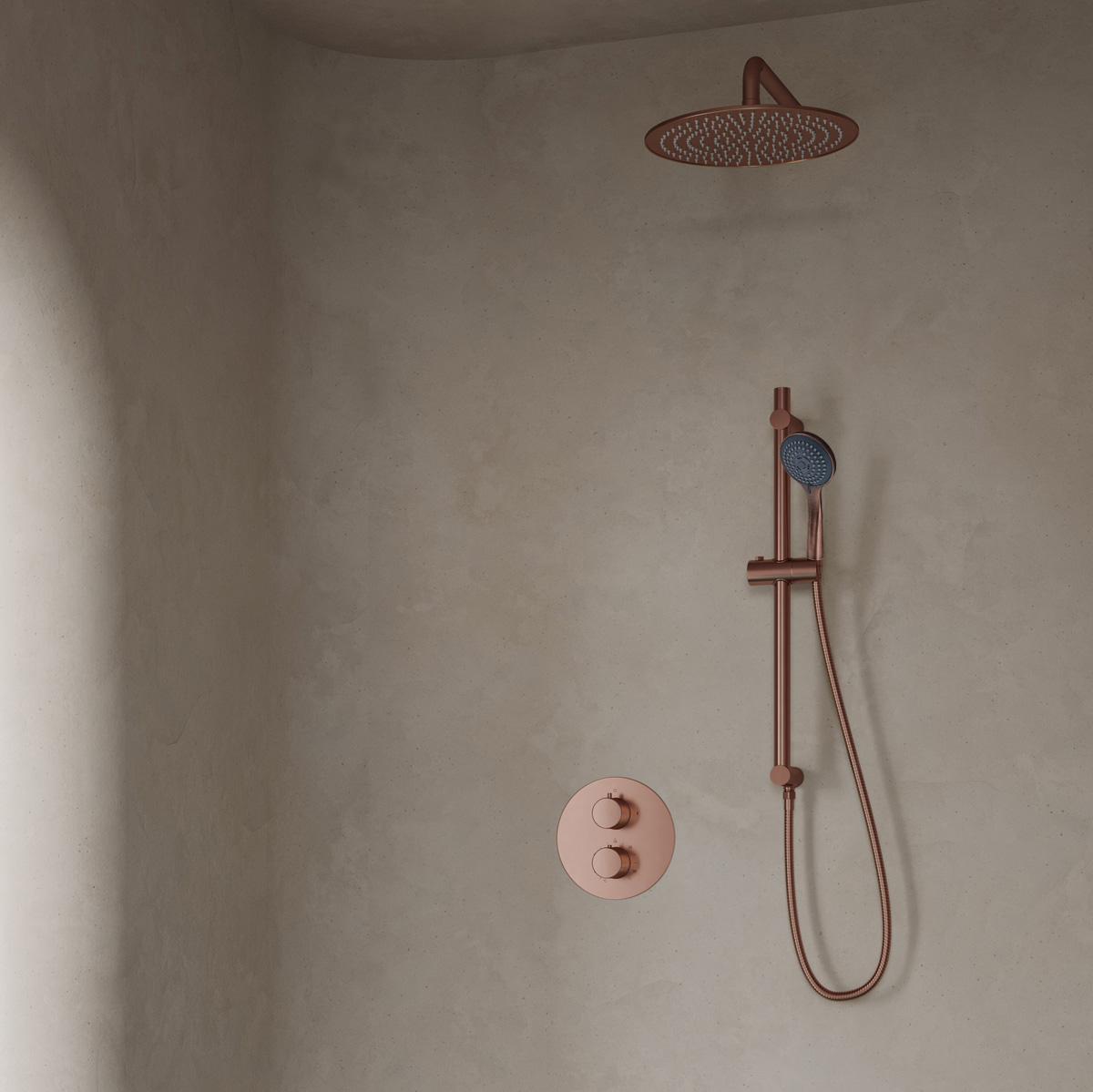 Saniclear Copper inbouwregendouche 30cm rond met wandarm, 3 standen handdouche en glijstang geborsteld koper