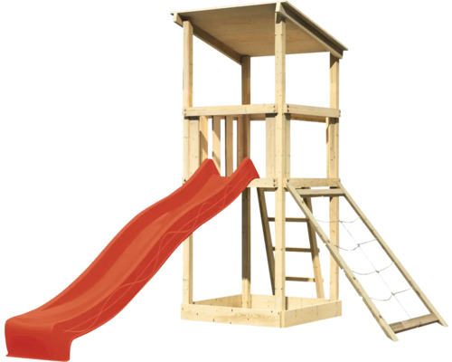 Speeltoren/speelhuis Karibu Anna, 107 x 107 cm, van hout, bestaande uit glijbaan en nethelling (rood).