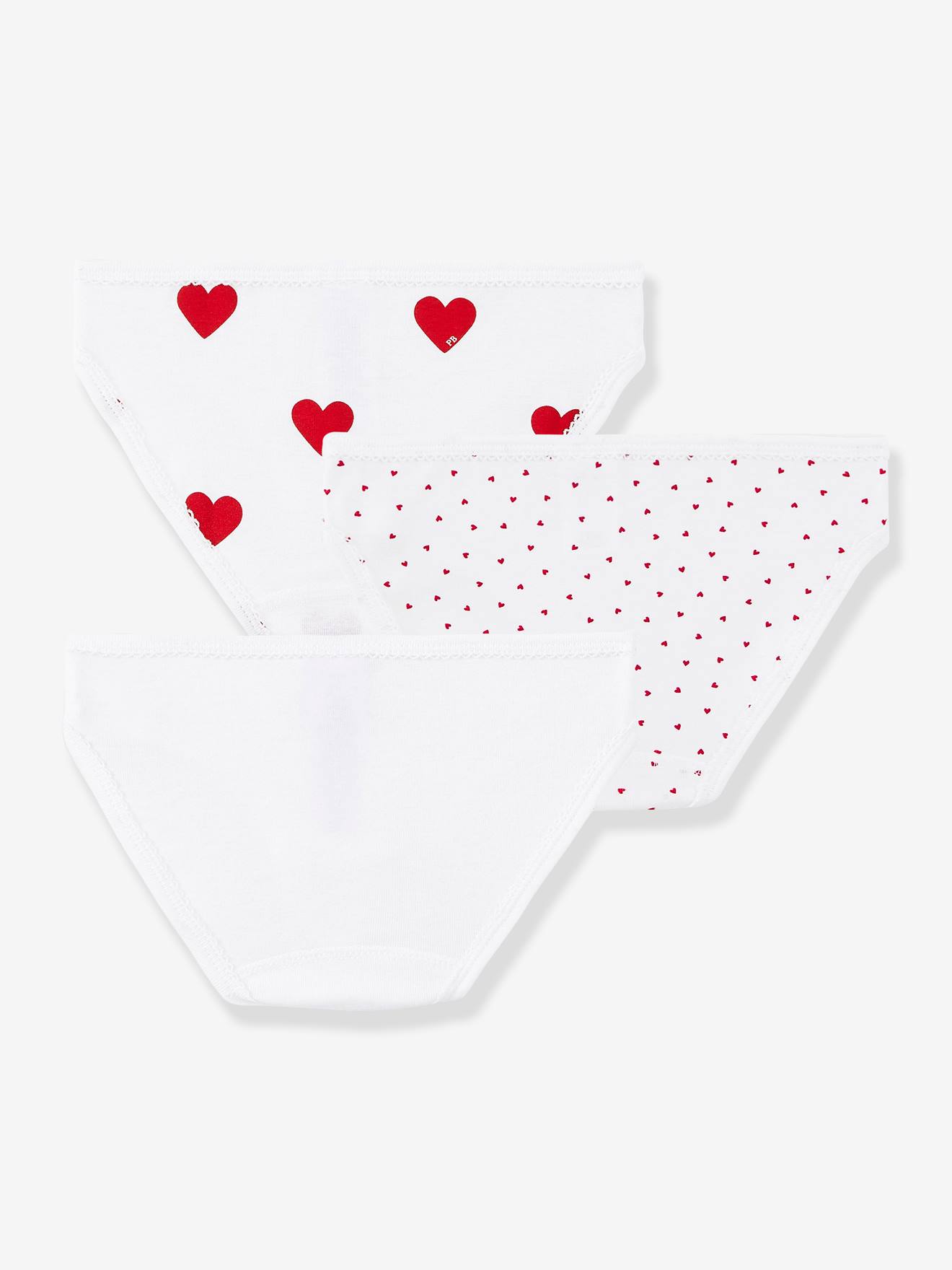 Lote com 3 calcinhas de algodão com estampa de coração para meninas.